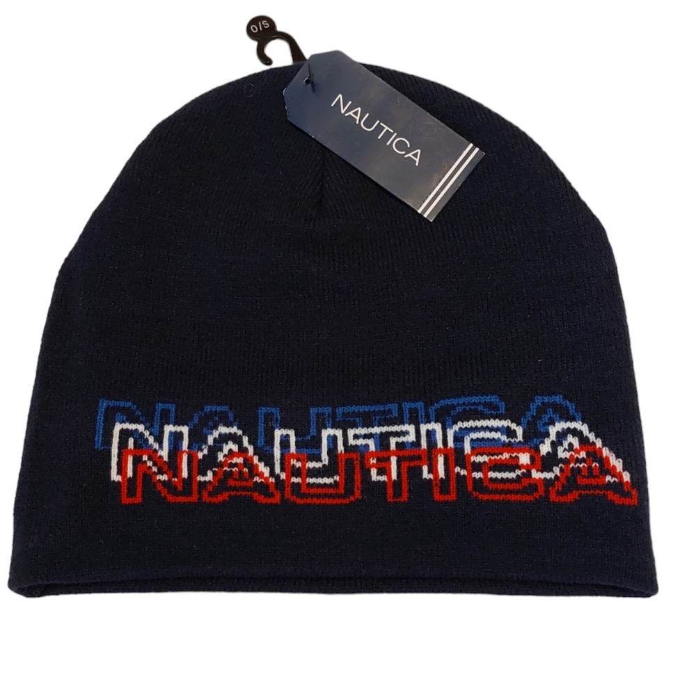 NWT Nautica Men's Knitted Beanie Navy Blue With Red White Blue Logo